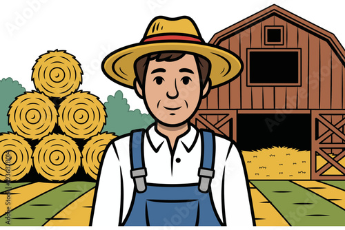 A farmer illustration wearing a straw hat and blue overalls in a rural setting