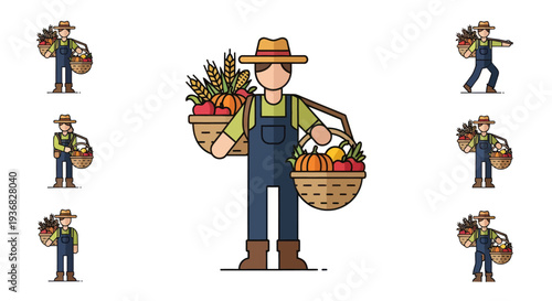 Farmer holding harvest baskets full of fresh vegetables and fruits, autumn bounty