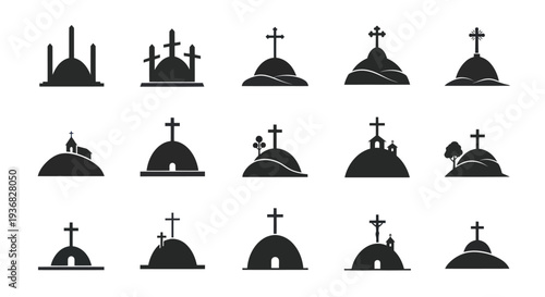 Christian Cemetery Hilltop Crosses Silhouette Collection
