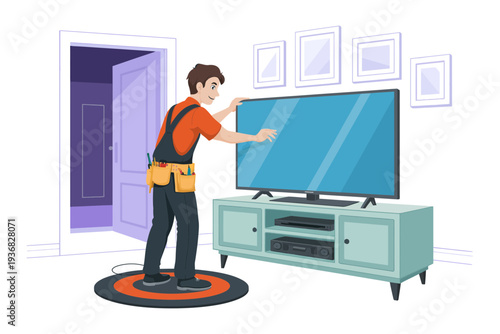 Technician installing a large screen TV in a modern living room