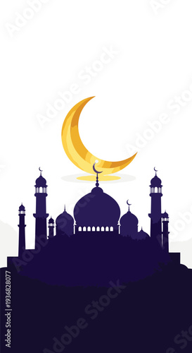 Mosque Silhouette with Crescent Moon Night Sky.