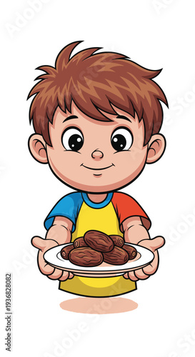 Cartoon Boy Holding Plate of Dates.