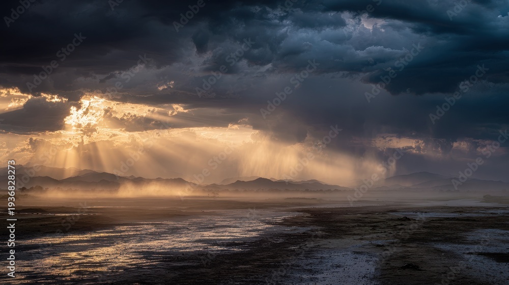 Obraz premium Sinister twilight as light threads break through looming clouds on a somber landscape