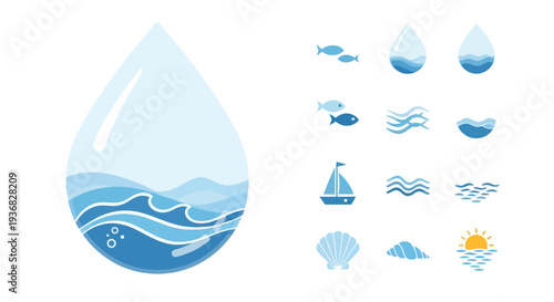Water Drop Icon Set: Ocean Waves, Fish, Sailboat, Seashell, Sunrise