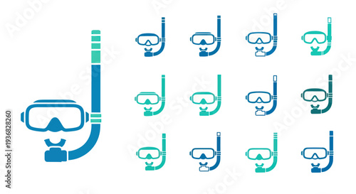 Snorkel Mask Set: Large Icon and Small Icons, Blue and Teal Gradient