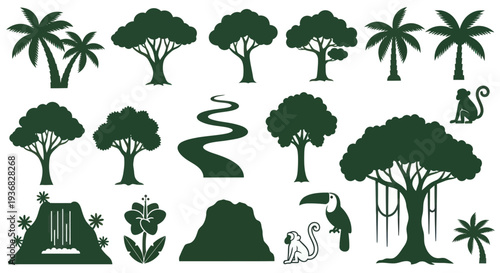 Tropical Jungle Silhouettes: Trees, Waterfall, Toucan, Monkey, Flowers, Path