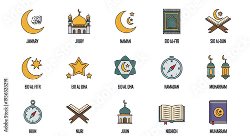 Islamic Icons Set: Moon, Mosque, Quran, Prayer Rug, Compass, Star, Lanterns