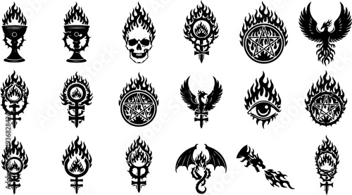 Occult Mystic Symbols and Sacred Flame Eye Black Vector Icon Set