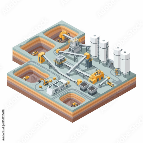 Isometric Mining Quarry with Heavy Machinery and Processing Plant.