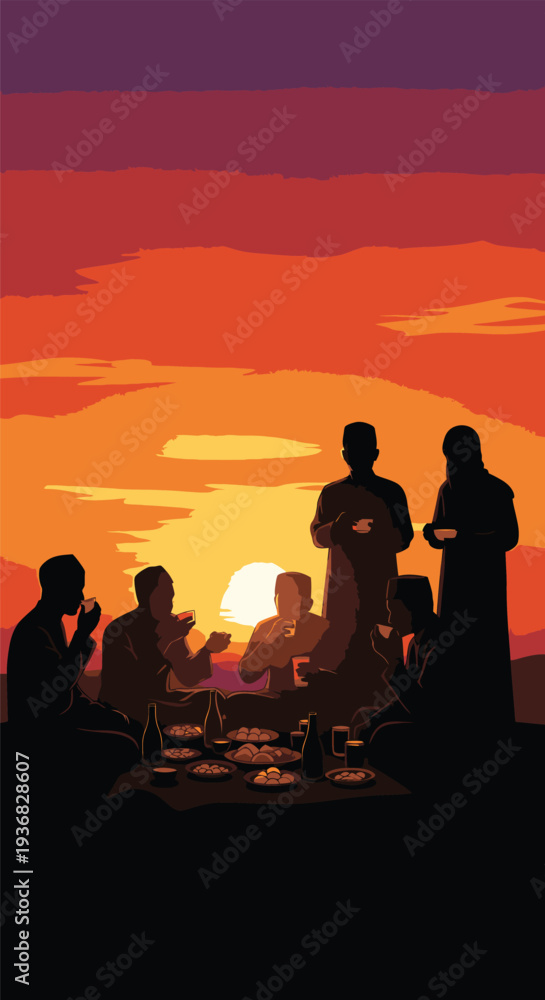 Fototapeta premium Silhouetted People Gathering at Sunset.