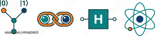 Quantum computing icons with qubits entanglement hadamard gate and atoms for science and technology digital web projects