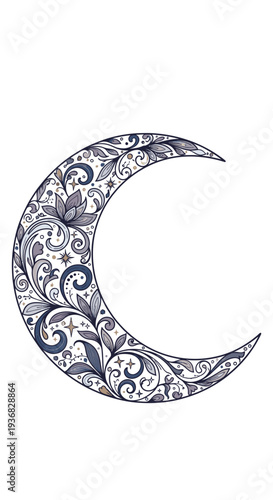 Ornate Crescent Moon with Floral Patterns.