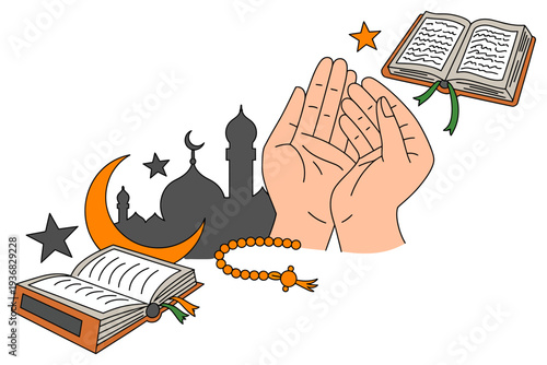 A muslim prayer icon with mosque and holy quran illustration