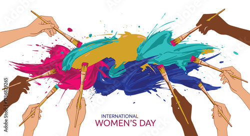 Diverse Hands Holding Paintbrushes with Colorful Paint.