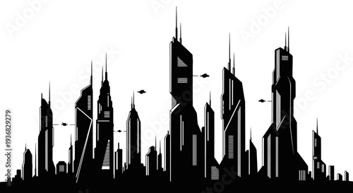 Silhouette of a futuristic city skyline with tall, angular buildings and flying vehicles.