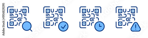 QR-code icons set. Magnifier, checkmark, time clock, exclamation. Scanning, scanner sign. Scan linear solid blue vector. For website, business, infographic, ui, ux, etc. E-commerce, shopping, retail.