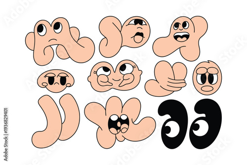 A set of cartoon character faces with various emotions and expressions