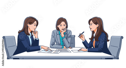 Three Business Women Discussing Project at Table.
