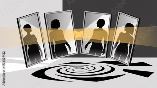Reflection of Self in Mirrors: Silhouette reflections in mirrors converge, creating a visual exploration of identity and self-perception, inviting introspection on the complexities of the self.