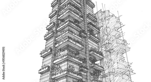 Detailed architectural sketch of a modern high-rise building with balconies and integrated greenery.