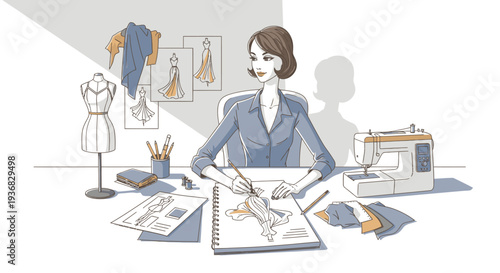 Fashion Designer Sketching Clothes at Workspace.