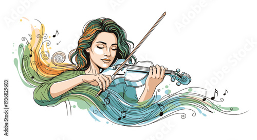 Woman Playing Violin with Musical Notes.