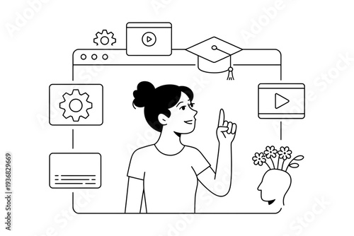 Education icon with a woman learning online through various digital media tools