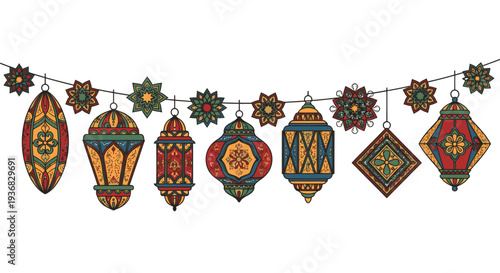 Colorful Lanterns and Ornaments on String.