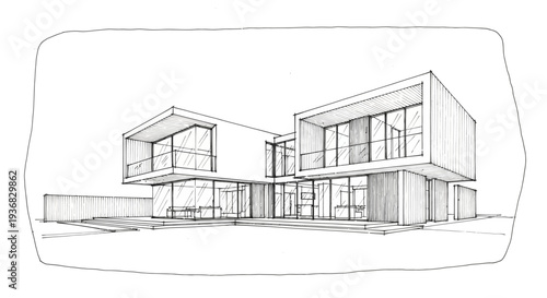 Architectural sketch of a modern minimalist house with large windows and clean lines.
