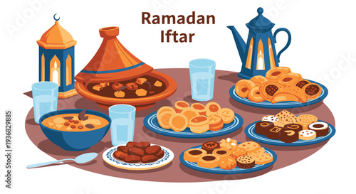 Ramadan Iftar traditional food and drinks setup.
