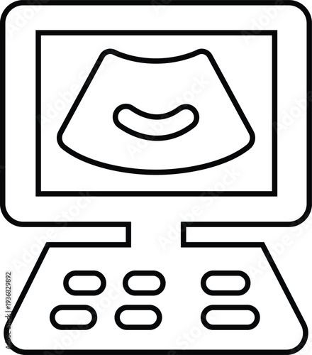 X ray machine medical equipment icon in black line style featuring radiology, scanner, imaging, diagnostic, hospital technology and healthcare synonym elements for clinic design