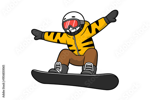 A cartoon snowboarder in a yellow jacket and white helmet is performing a trick