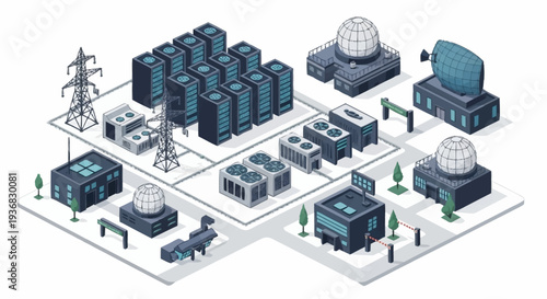Isometric illustration of a futuristic industrial complex with various buildings and infrastructure.