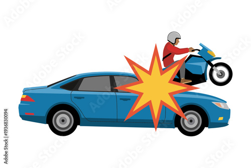 A blue car vector illustration with a motorcyclist collision accident scene