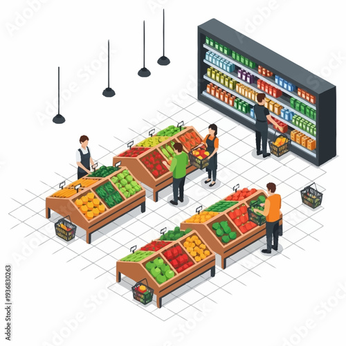 Isometric Supermarket Interior with Shoppers and Fresh Produce Displays.