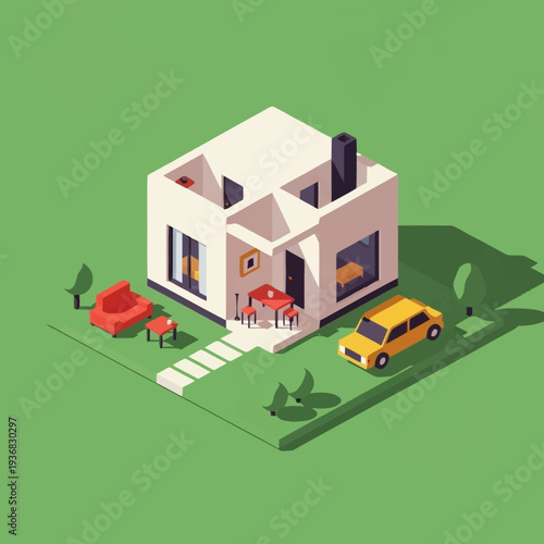 Isometric illustration of a modern house with a car and garden.