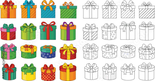 Colorful gift boxes with ribbons, square and round presents in cartoon style, coloring page outlines for holiday celebration, birthday decoration, vector illustration