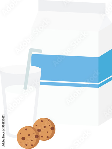 Flat vector illustration of a healthy snack set featuring a white milk carton with a blue label, a glass of fresh milk with a straw, and two chocolate chip cookies.