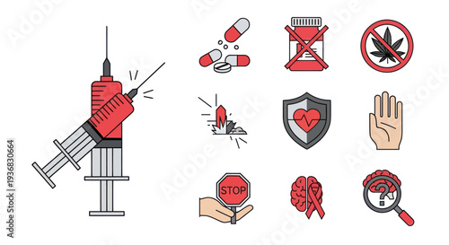 Drug addiction icons: syringe, pills, stop signs, brain, shield, hand