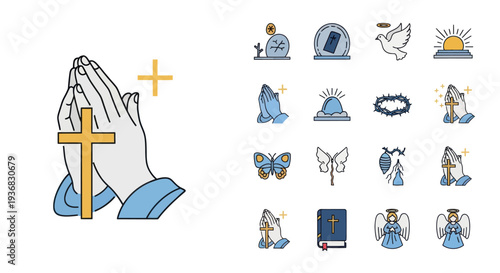 Praying Hands with Cross Icon and Religious Symbols Collection