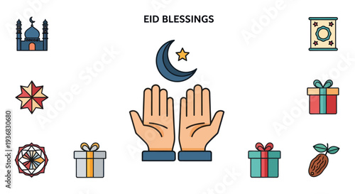 Eid Blessings: Hands Praying Under Crescent Moon with Islamic Symbols and Gifts