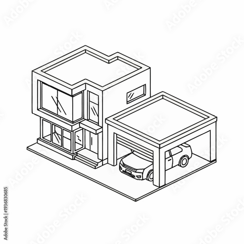 Isometric house with attached garage.