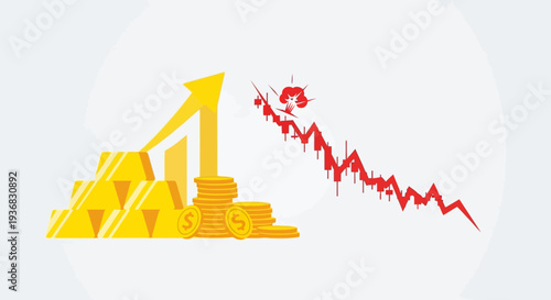 Illustration showing gold bars and coins with an upward trend, contrasting with a red downward-sloping graph depicting a market crash or decline.