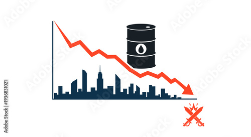 Graph showing a red downward trend line over a city skyline with an oil barrel and crossed swords, symbolizing economic decline and conflict.