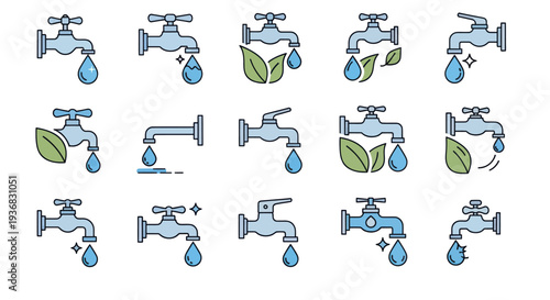 Water Faucet Icons Set: Dripping Water, Eco-Friendly, Cleanliness, Save Water Concepts