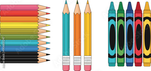 Colorful pencils, graphite lead pencils with erasers, and wax crayons illustrations, back to school stationery supplies for creative design,