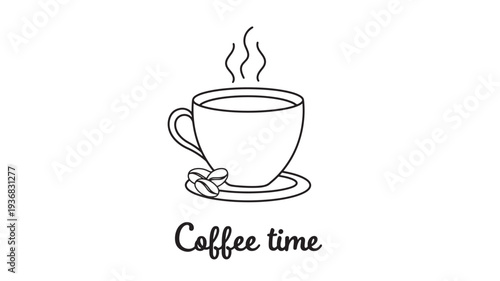 Cup of coffee with steam and beans on saucer, with handwritten "Coffee time" text. featuring hot, breakfast, drink with beverage and caffeine