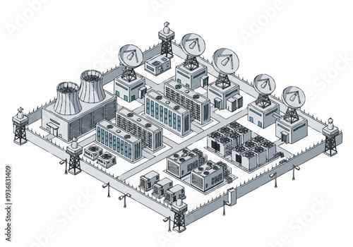 Isometric illustration of a nuclear power plant with multiple reactors and security personnel.