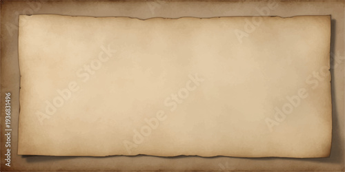 A blank antique parchment sheet features a stained grunge texture and torn edges with a dark vignette frame on an aged brown vintage paper background for a retro design