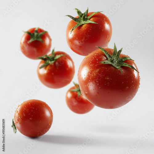 Frische Tomaten springen mit Wassersplash auf weißem Hintergrund. Dynamische Foodaufnahme – ideal für Themen wie gesunde Ernährung, Frische, Kochen, Zutaten und Gemüse.